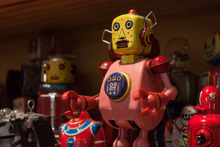 MILAN, ITALY - SEPTEMBER 13: Vintage tinplate robots on display at HOMI, home international show and point of reference for all those in the sector of interior design on SEPTEMBER 13, 2014 in Milan.のeditorial素材