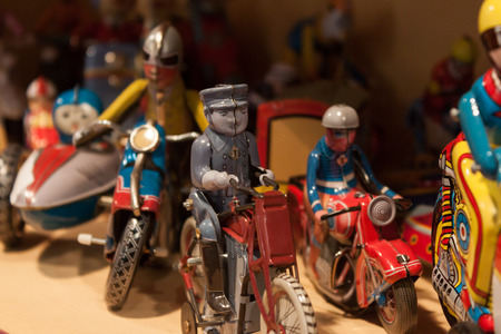 MILAN, ITALY - SEPTEMBER 13: Vintage tinplate toys on display at HOMI, home international show and point of reference for all those in the sector of interior design on SEPTEMBER 13, 2014 in Milan.のeditorial素材