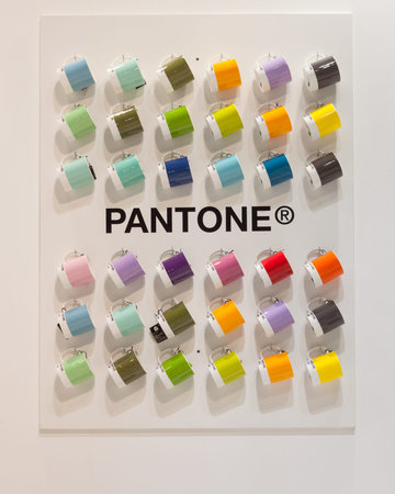 MILAN, ITALY - SEPTEMBER 13: Pantone mugs on display at HOMI, home international show and point of reference for all those in the sector of interior design on SEPTEMBER 13, 2014 in Milan.のeditorial素材