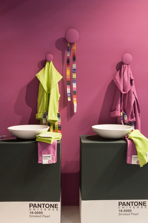 MILAN, ITALY - SEPTEMBER 13: Pantone bathrobe on display at HOMI, home international show and point of reference for all those in the sector of interior design on SEPTEMBER 13, 2014 in Milan.のeditorial素材
