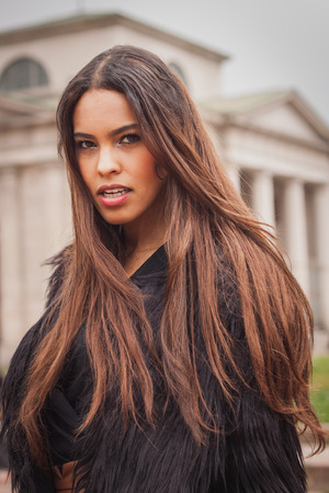 MILAN, ITALY - SEPTEMBER 20: Model poses outside Cavalli fashion shows building for Milan Women's Fashion Week on SEPTEMBER 20, 2014 in Milan.のeditorial素材