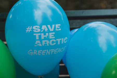MILAN, ITALY - OCTOBER 4: Balloons at the Ice Ride, global bike event organized by Greenpeace to demand protection for the Arctic on OCTOBER 4, 2014 in Milan.のeditorial素材