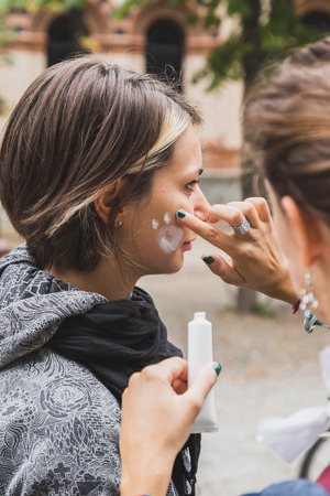 MILAN, ITALY - OCTOBER 4: People take part in the Ice Ride, global bike event organized by Greenpeace to demand protection for the Arctic on OCTOBER 4, 2014 in Milan.のeditorial素材