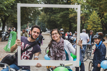 MILAN, ITALY - OCTOBER 4: People take part in the Ice Ride, global bike event organized by Greenpeace to demand protection for the Arctic on OCTOBER 4, 2014 in Milan.のeditorial素材