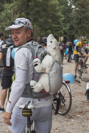 MILAN, ITALY - OCTOBER 4: People take part in the Ice Ride, global bike event organized by Greenpeace to demand protection for the Arctic on OCTOBER 4, 2014 in Milan.のeditorial素材
