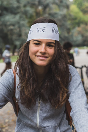 MILAN, ITALY - OCTOBER 4: People take part in the Ice Ride, global bike event organized by Greenpeace to demand protection for the Arctic on OCTOBER 4, 2014 in Milan.のeditorial素材