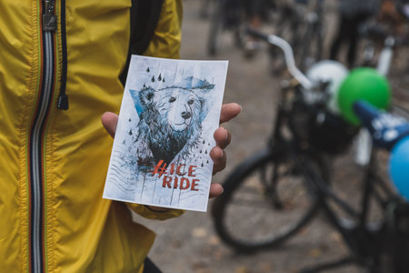 MILAN, ITALY - OCTOBER 4: People take part in the Ice Ride, global bike event organized by Greenpeace to demand protection for the Arctic on OCTOBER 4, 2014 in Milan.のeditorial素材