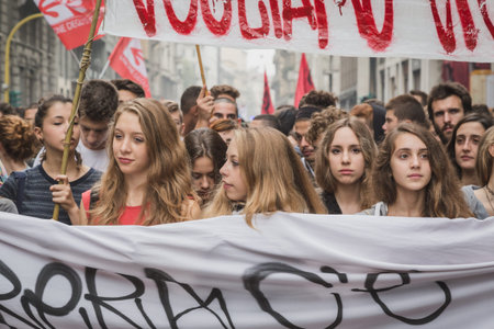 MILAN, ITALY - OCTOBER 10: Thousands of students march in the city streets to protest agaist the...