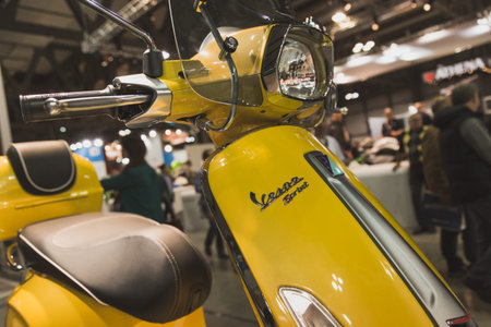 MILAN, ITALY - NOVEMBER 5: Vespa scooter on display at EICMA, international motorcycle exhibition on...