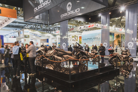 MILAN, ITALY - NOVEMBER 5: People visit EICMA, international motorcycle exhibition on NOVEMBER 5, 2014 in Milan.のeditorial素材