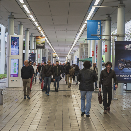 MILAN, ITALY - NOVEMBER 5: People visit EICMA, international motorcycle exhibition on NOVEMBER 5, 2014 in Milan.のeditorial素材