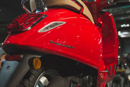 MILAN, ITALY - NOVEMBER 5: Vespa scooter on display at EICMA, international motorcycle exhibition on NOVEMBER 5, 2014 in Milan.のeditorial素材