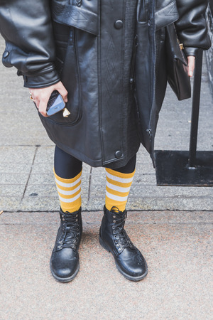 MILAN, ITALY - JANUARY 18: Detail of male shoes outside John Richmond fashion show building for Milan Men's Fashion Week on JANUARY 18, 2015 in Milan.のeditorial素材