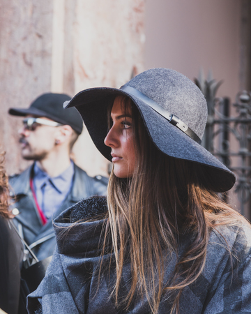 MILAN, ITALY - JANUARY 18: People gather outside Vivienne Westwood fashion show building for Milan Men's Fashion Week on JANUARY 18, 2015 in Milan.のeditorial素材