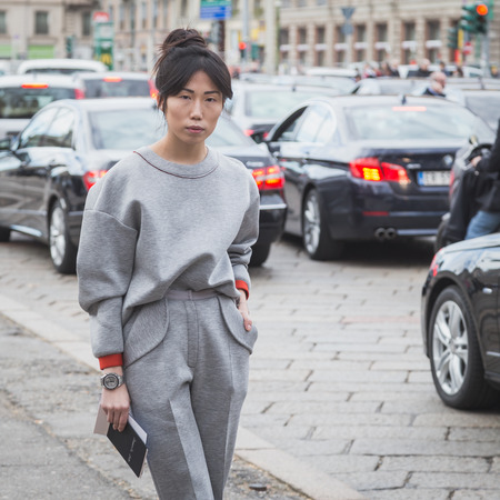 MILAN, ITALY - FEBRUARY 25: People gather outside Gucci fashion show building for Milan Women's Fashion Week on FEBRUARY 25, 2015  in Milan.のeditorial素材