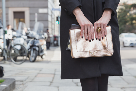 MILAN, ITALY - FEBRUARY 26: Detail of a bag outside Anteprima fashion show building for Milan Women's Fashion Week on FEBRUARY 26, 2015  in Milan.のeditorial素材