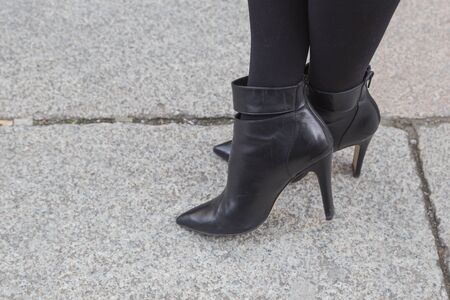 MILAN, ITALY - FEBRUARY 26: Detail of shoes outside Anteprima fashion show building for Milan Women's Fashion Week on FEBRUARY 26, 2015  in Milan.のeditorial素材