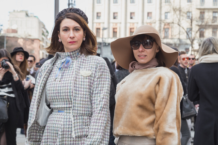 MILAN, ITALY - FEBRUARY 26: People gather outside Anteprima fashion show building for Milan Women's Fashion Week on FEBRUARY 26, 2015  in Milan.のeditorial素材