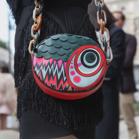 MILAN, ITALY - FEBRUARY 26: Detail of a bag outside Anteprima fashion show building for Milan Women's Fashion Week on FEBRUARY 26, 2015  in Milan.のeditorial素材