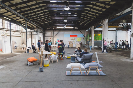 MILAN, ITALY - APRIL 14: People visit Fuorisalone at Ventura Lambrate space, location of important...