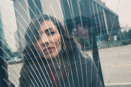 Beautiful young brunette with long hair posing behind a broken glassの写真素材