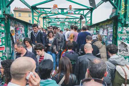 MILAN, ITALY - APRIL 18: Crowd at Fuorisalone, series of important and interesting events all around the town during Milan Design Week on APRIL 18, 2015 in Milan.のeditorial素材