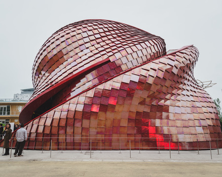 MILAN, ITALY - MAY 1: Futuristic pavilion at Expo, universal exposition on the theme of food on MAY 1, 2015 in Milan.のeditorial素材