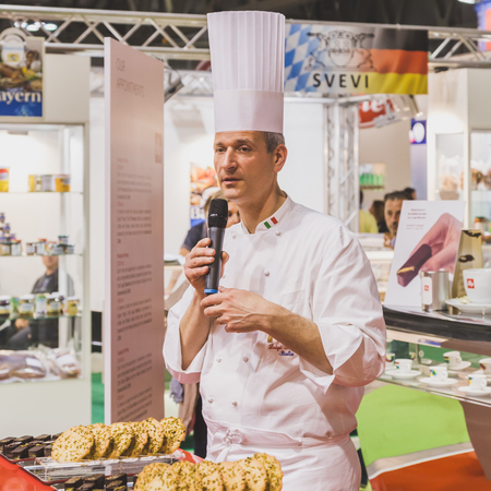 MILAN, ITALY - MAY 4: Chef working at Tuttofood, world food exhibition on MAY 4, 2015 in Milan.のeditorial素材