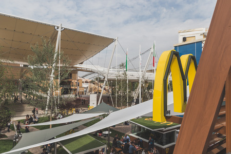 MILAN, ITALY - MAY 4: McDonald's logo at Expo, universal exposition on the theme of food on MAY 4, 2015 in Milan.のeditorial素材