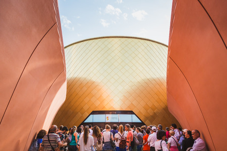 MILAN, ITALY - MAY 13: People visit United Arab Emirates pavilion at Expo, universal exposition on the theme of food on MAY 13, 2015 in Milan.のeditorial素材