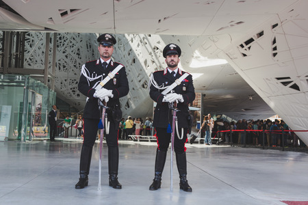 MILAN, ITALY - MAY 25: Carabinieri outside Italy pavilion at Expo, universal exposition on the theme of food on MAY 25, 2015 in Milan.のeditorial素材