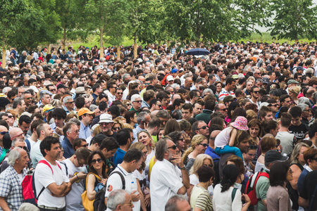 MILAN, ITALY - JUNE 1: Crowd outside the main gate at Expo, universal exposition on the theme of...