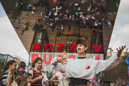 MILAN, ITALY - JUNE 10: Funny Russian man poses at Expo, universal exposition on the theme of food on JUNE 10, 2015 in Milan.のeditorial素材
