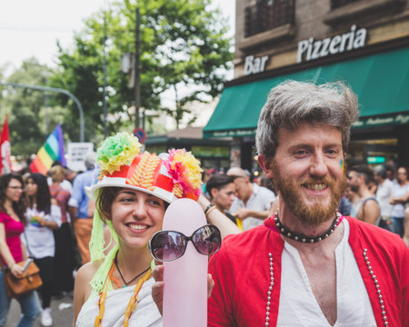 MILAN, ITALY - JUNE 27: People at gay pride parade in Milan JUNE 27, 2015. Thousands of people march...