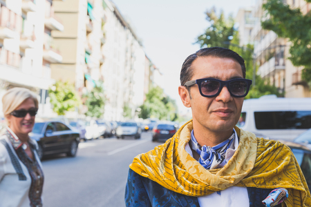 MILAN, ITALY - SEPTEMBER 25: People gather outside Etro fashion show building for Milan Women's Fashion Week on SEPTEMBER 25, 2015  in Milan.のeditorial素材