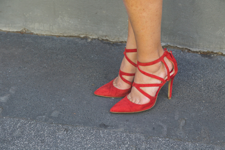 MILAN, ITALY - SEPTEMBER 25: Detail of shoes outside Etro fashion show building for Milan Women's Fashion Week on SEPTEMBER 25, 2015  in Milan.のeditorial素材