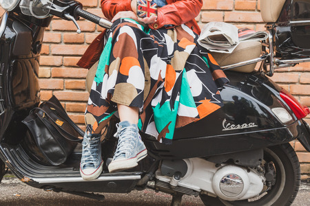 MILAN, ITALY - SEPTEMBER 27: Detail of shoes outside Laura Biagiotti fashion show building for Milan Women's Fashion Week on SEPTEMBER 27, 2015  in Milan.のeditorial素材