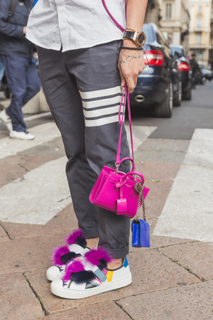 MILAN, ITALY - SEPTEMBER 27: Detail of bag and shoes outside Ferragamo fashion show building for Milan Women's Fashion Week on SEPTEMBER 27, 2015  in Milan.のeditorial素材