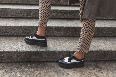 MILAN, ITALY - SEPTEMBER 27: Detail of shoes outside Ferragamo fashion show building for Milan Women's Fashion Week on SEPTEMBER 27, 2015  in Milan.のeditorial素材