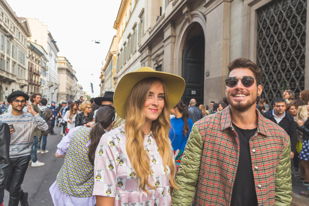 MILAN, ITALY - SEPTEMBER 27: People gather outside Trussardi fashion show building for Milan Women's Fashion Week on SEPTEMBER 27, 2015  in Milan.のeditorial素材