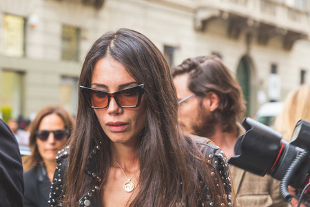 MILAN, ITALY - SEPTEMBER 27: People gather outside Trussardi fashion show building for Milan Women's Fashion Week on SEPTEMBER 27, 2015  in Milan.のeditorial素材