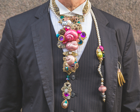 MILAN, ITALY - SEPTEMBER 27: Detail of a man outside Trussardi fashion show building for Milan Women's Fashion Week on SEPTEMBER 27, 2015  in Milan.のeditorial素材