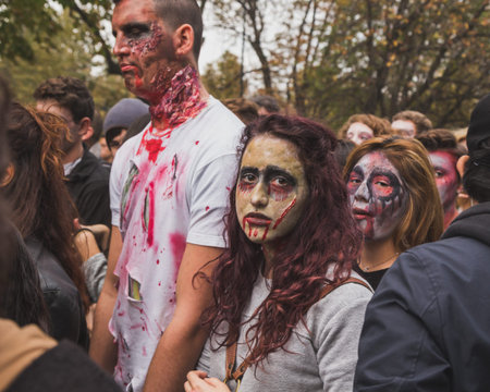 MILAN, ITALY - OCTOBER 25: People take part in the Zombie Walk, social event in the city streets...