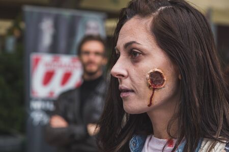 MILAN, ITALY - OCTOBER 25: People take part in the Zombie Walk, social event in the city streets just before Halloween on OCTOBER 25, 2014 in Milan.のeditorial素材