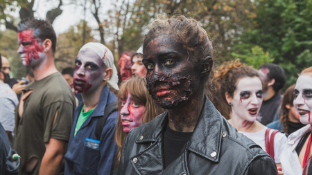 MILAN, ITALY - OCTOBER 25: People take part in the Zombie Walk, social event in the city streets just before Halloween on OCTOBER 25, 2014 in Milan.のeditorial素材