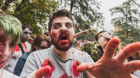 MILAN, ITALY - OCTOBER 25: People take part in the Zombie Walk, social event in the city streets just before Halloween on OCTOBER 25, 2014 in Milan.のeditorial素材