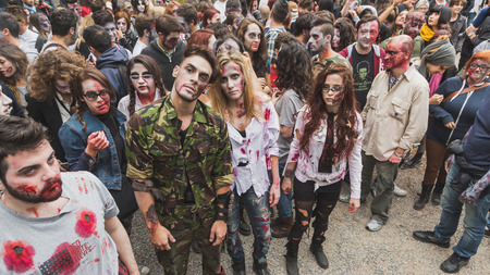MILAN, ITALY - OCTOBER 25: People take part in the Zombie Walk, social event in the city streets just before Halloween on OCTOBER 25, 2014 in Milan.のeditorial素材