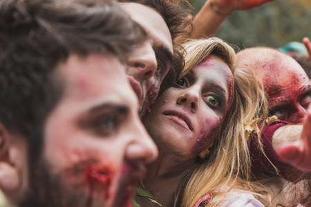 MILAN, ITALY - OCTOBER 25: People take part in the Zombie Walk, social event in the city streets just before Halloween on OCTOBER 25, 2014 in Milan.のeditorial素材