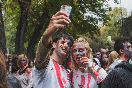 MILAN, ITALY - OCTOBER 25: People take part in the Zombie Walk, social event in the city streets...