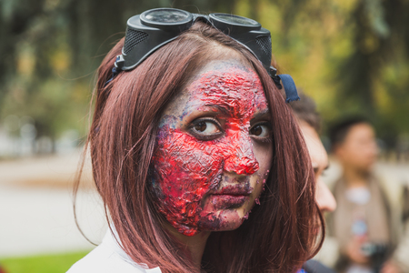 MILAN, ITALY - OCTOBER 25: People take part in the Zombie Walk, social event in the city streets just before Halloween on OCTOBER 25, 2014 in Milan.のeditorial素材